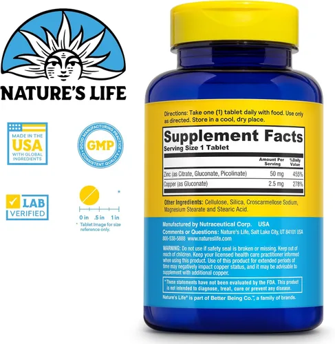 Vista 2 de NATURE'S LIFE Protección de zinc de 50 mg con 2.5 mg de cobre, suplemento de zinc quelado para apoyo inmunológico, salud ósea, función muscular