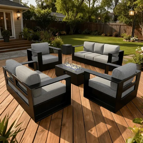 Vista 29 de LayinSun - Juego de muebles de exterior de aluminio de gran tamaño de 5 piezas con mesa auxiliar Negro/Gris oscuro