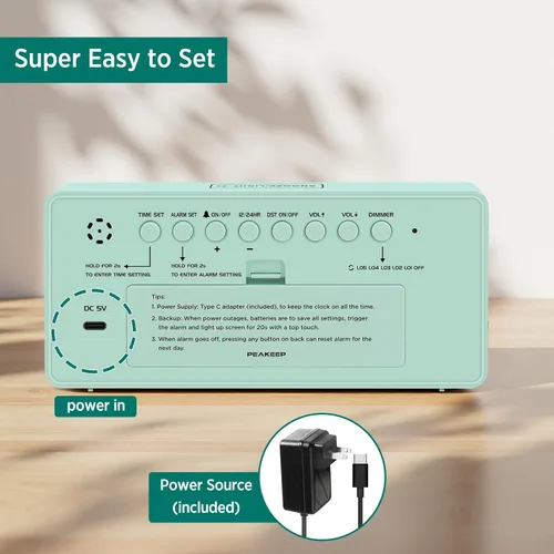 Vista 7 de Peakeep Reloj digital, reloj despertador alimentado por batería para dormitorios, esfera de espejo, números grandes, 6 atenuadores para personas