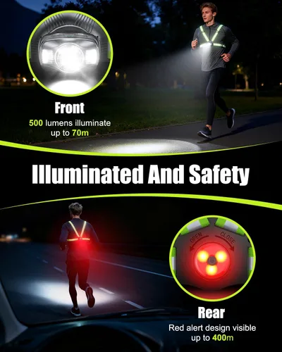 Vista 2 de Luces de Correr para Corredores, Luz de Correr de 500 Lúmenes con Luz de Alerta Roja Trasera, Haz Ajustable de 45° e Impermeable IPX4, Chaleco