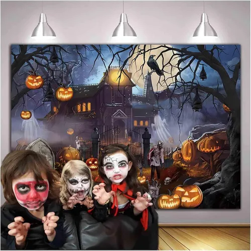 Vista 10 de Telón de fondo temático de Halloween para fotografía, castillo de fantasmas, luna, noche aterradora, calabaza, farol, cuervo, fondo de fotos