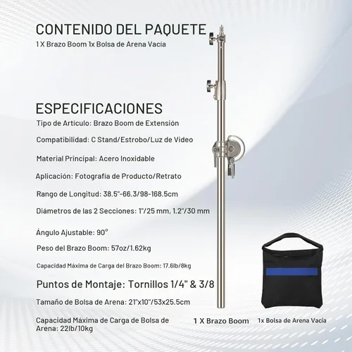 Vista 7 de NEEWER Brazo de brazo de extensión de acero inoxidable resistente, capacidad de carga de 17.6 libras para soporte C y soporte de luz, brazo