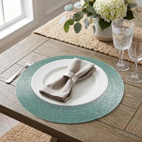 Vista 8 de 4 Piezas Manteles Individuales con Cuentas - Manteles de Mesa Redondos de Cuentas de Vidrio de 13 Pulgadas con Respaldo de Algodón - Elegantes
