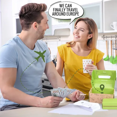 Vista 2 de Kit de desafío de sobres de 100 días. La caja de ahorro de dinero muestra cómo ahorrar $5050 o múltiplos en 100 días o 50 semanas. Desafío de dinero
