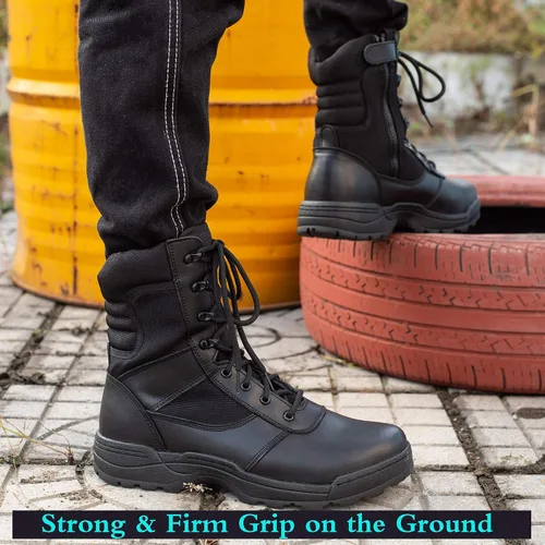Vista 6 de Botas de trabajo tácticas militares para hombre, con cremallera lateral, botas de combate del ejército de la selva, 12