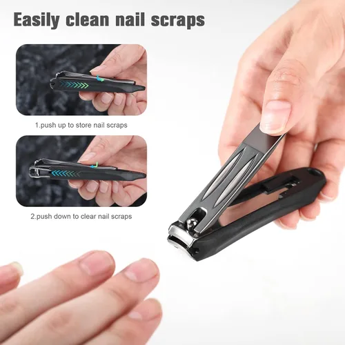 Vista 4 de FERYES Cortaúñas 3 en 1 para uñas de los dedos con recolector de uñas sin salpicaduras y caja de almacenamiento de metal - Cortaúñas para uñas