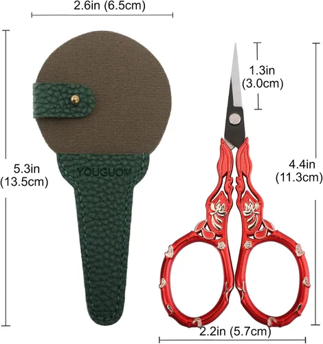 Vista 6 de YOUGUOM - Tijeras de bordado antiguas con estuche, tijeras para costura, manualidades, punto de cruz, ganchillo, hilo, tijeras de detalle y de Dorado