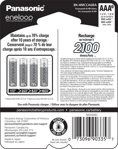 Vista 2 de Eneloop Panasonic BK-4MCCA6BA AAA 2100 Ciclo Ni-MH Baterías recargables precargadas, paquete de 6