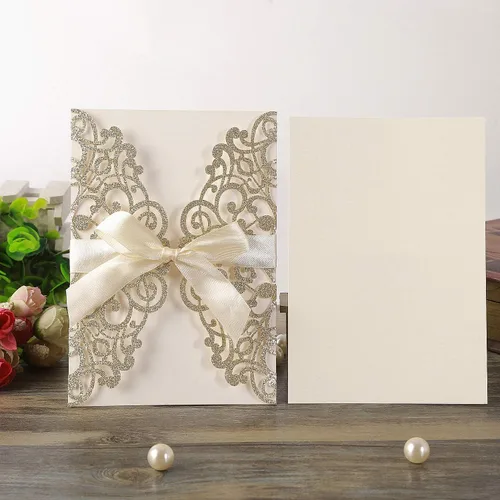 Vista 5 de Hosmsua 20 unidades de invitaciones de boda con flores de 13 x 18,5 cm con purpurina y corte láser con cintas y sobres para boda, despedida