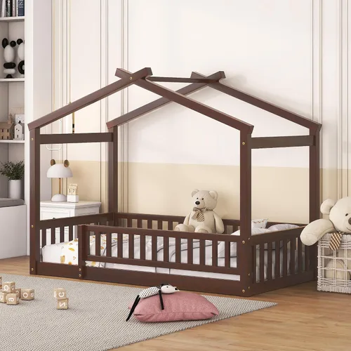 Vista 16 de MERITLINE Cama individual Montessori para niños, marco de cama individual Montessori con rieles y techo, no necesita somier, para niños, Gris