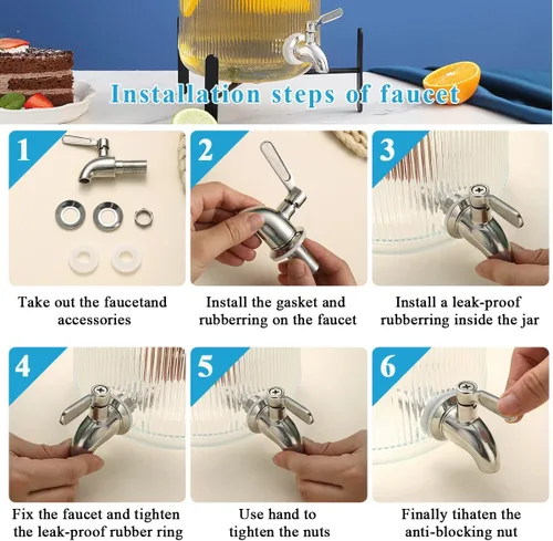 Vista 8 de Berglander Dispensador de bebidas de vidrio para refrigerador, dispensador de bebidas de 1 galón con grifo de acero inoxidable a prueba de fugas