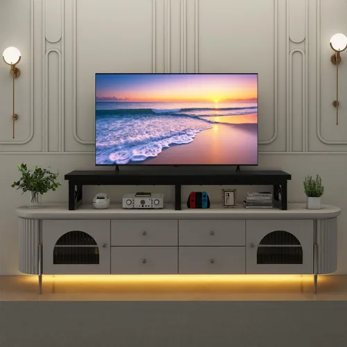 Vista 4 de IBUYKE Elevador de TV grande de 45" para TV de 32-60 pulgadas, Soporte de TV corto de sobremesa con almacenamiento y patas de acero, Escritorio