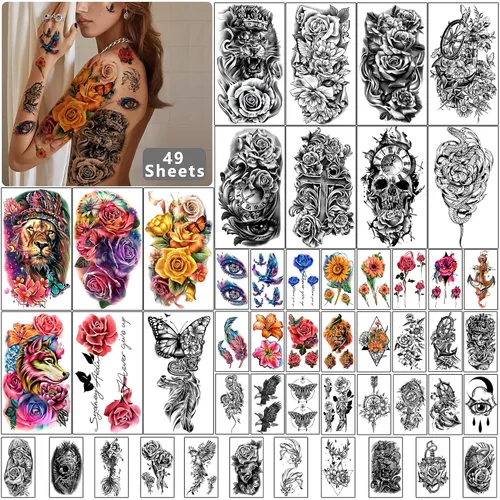 Vista 7 de Yazhiji 49 hojas de flores grandes Butterfies corona, tatuajes temporales impermeables para mujeres y niñas, tatuajes falsos para niños o adultos