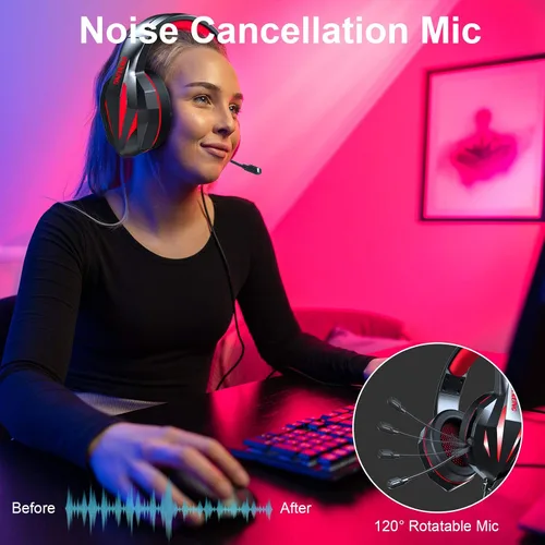 Vista 6 de TYUOBOX Auriculares para juegos con micrófono para PS4, Xbox One, PC, auriculares con micrófono y cable, luz LED con cancelación de ruido