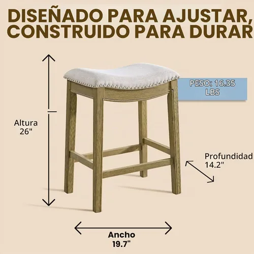 Vista 2 de ROME + OAK Juego de 2 Taburetes de Mostrador Parker de 26", Taburete de Bar de Cocina sin Respaldo Tipo Silla de Montar en Acabado de Madera Natural