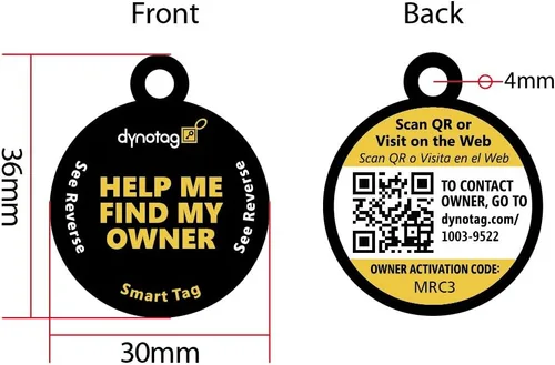Vista 4 de Dynotag® Etiqueta y anillo de identificación de metal con revestimiento redondo inteligente habilitado para Web. Etiqueta para mascotas, etiqueta