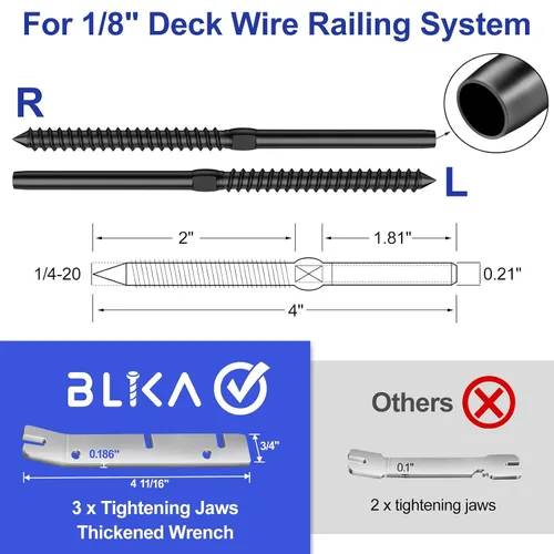 Vista 2 de BLIKA Paquete de 100 barandillas de cable negro de 1/8 de pulgada, tornillos de retraso para postes de madera, acero inoxidable T316, kit