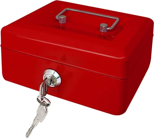 Vista 22 de Caja de efectivo de acero con cerradura de llave, organizador de dinero pequeño de metal con bandeja para dinero, caja de almacenamiento de efectivo
