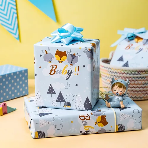 Vista 6 de Homeral Rollo de papel para envolver regalos azul para baby shower - Rollo mini - 17 pulgadas x 16.5 pies - Juego reversible de papel de regalo