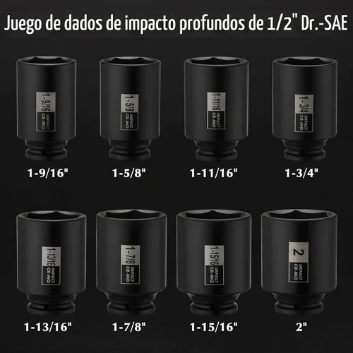 Vista 2 de EMENTOL 8PCS Juego de llaves de impacto para tuerca de eje de husillo de 1/2 pulgada, CR-MO, 6 puntos, SAE, juego de llaves de impacto profundo