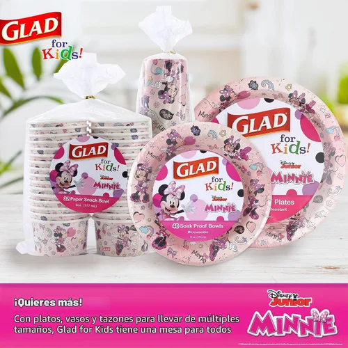 Vista 6 de Glad para niños Disney Mickey y amigos, cuencos desechables de papel para aperitivos, sin tapas, Minnie rosa - resistente, apto para microondas