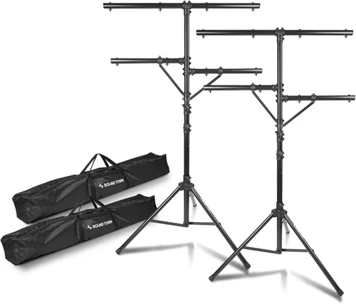 Vista 14 de Sound Town Paquete de 2 soportes de iluminación para DJ, altura ajustable, 9 pies de alto, con barra en T y base de trípode (STLS-T09-PAIR)