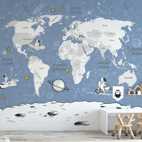 Vista 12 de Papel tapiz para habitación de niños, espacio de astronauta, mural de mapa gigante del mundo con países, papel tapiz para guardería, despegar
