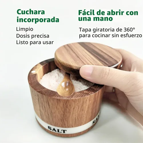 Vista 4 de ThougrLyh Bodega de sal, recipientes de sal de madera de acacia con tapa Caja de sal de madera de acacia