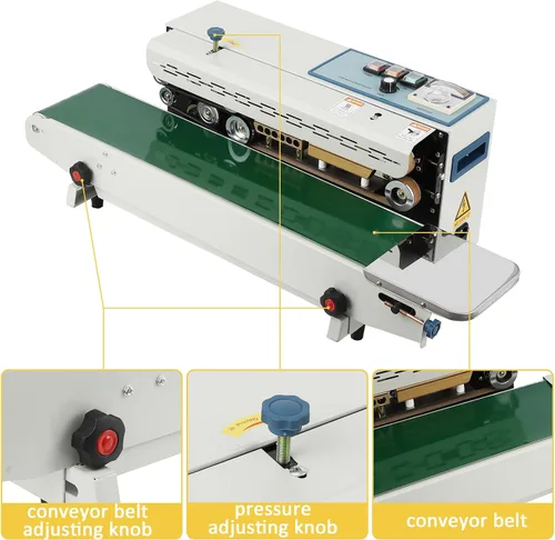 Vista 4 de Takywep Sellador continuo de banda con sellador horizontal automático de banda Fr-900 110V, control de temperatura, comercial Pp aluminio papel PVC