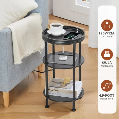 Vista 8 de Mesa auxiliar redonda pequeña con estación de carga para espacios pequeños, mesa decorativa de 3 niveles con puertos USB y tomas de corriente, mesa