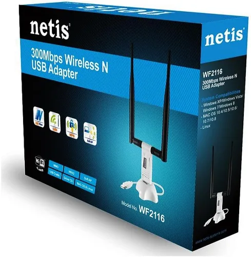 Vista 4 de Netis Adaptador USB inalámbrico N de largo alcance de 300 Mbps con dos antenas de 5dBi y base USB 2.0 (WF-2116), 300 Mbps de alta ganancia