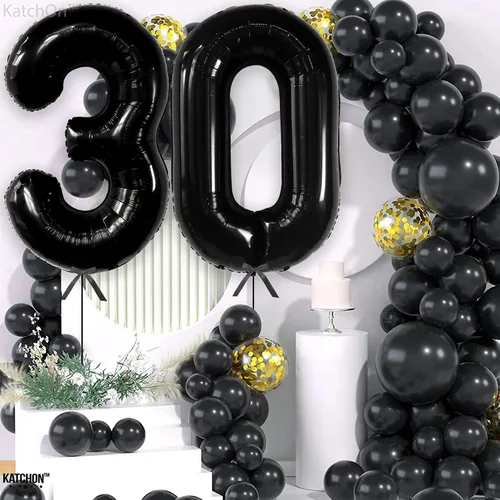 Vista 7 de Katchon, Globos negros del número 30, 40 pulgadas, globos negros de 30 cumpleaños, decoraciones de cumpleaños de 30 para él y ella, decoraciones