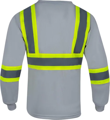Vista 3 de VENDACE Camiseta de trabajo de seguridad de alta visibilidad para hombre, ANSI Clase 1, camisa reflectante de manga larga con bolsillo (gris, S)