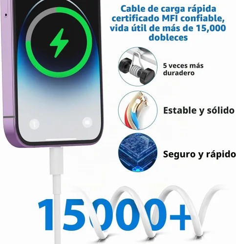 Vista 3 de Cargador de iPhone de 25 W, paquete de 2 adaptadores de carga rápida USB C de 25 W PD de pared con 2 cables tipo C a Lightning de 10 pies de largo