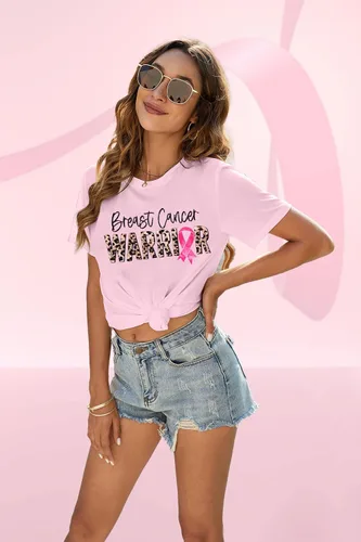Vista 4 de Camisetas de concientización sobre el cáncer de mama para mujer, camiseta de guerrero contra el cáncer, camiseta de manga corta con gráfico de cinta