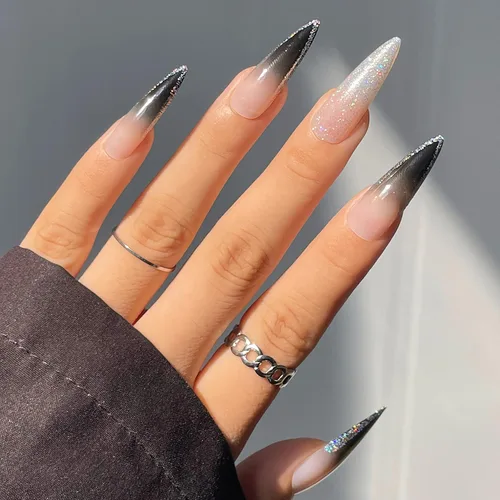 Vista 32 de BABALAL - Uñas postizas largas a presión, uñas postizas negras y rojas, uñas acrílicas de almendra con diseño gótico de vampiro, uñas adhesivas