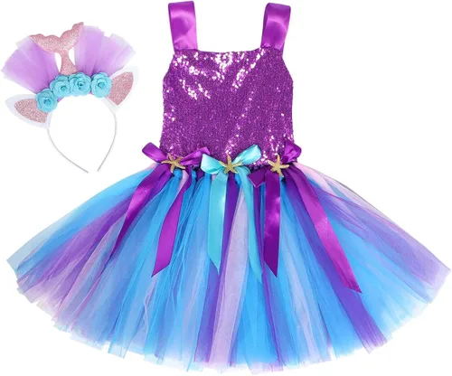 Vista 4 de Jurebecia Princess Mermaid Tutu Dress Girls Sequins Mermaid Outfits Halloween Costume Birthday Party Cosplay Holiday Dress Up