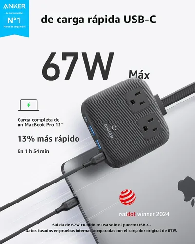 Vista 2 de Anker Estación de carga Nano (67W máx.), regleta de alimentación USB-C 6-en-1 para iPhone 16/15 y MacBook, con enchufe plano y cable de extensión