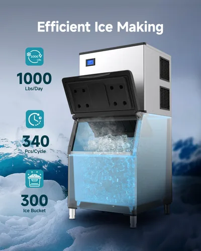 Vista 2 de EUHOMY Máquina comercial para hacer hielo, 1000 libras/24 horas, máquina de hielo industrial con contenedor de almacenamiento de 300 libras, lista
