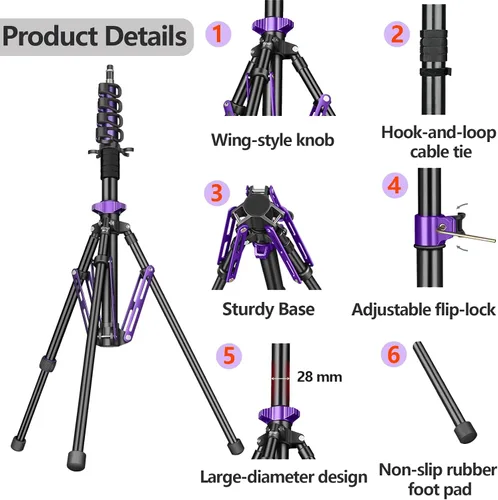 Vista 6 de FreeSea Soporte de luz de aluminio de 6.9 pies/2.1m, carga de 4.4 libras, trípode de viaje con tamaño plegado de 20", soporte de luz de estudio