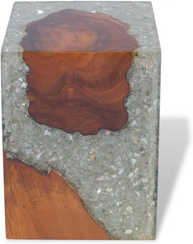 Vista 9 de Taburete de madera maciza de teca y resina, taburete de tocón de árbol con borde vivo, mesa auxiliar de borde natural, soporte para plantas, mesita