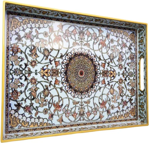 Vista 25 de Bandeja de servir azul con 4 asas, bandeja decorativa de plástico para mesa de café, otomana - Ideal para sala de estar y baño. 15 x 11 x 1.9