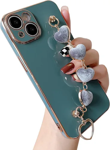 Vista 7 de Caseative Funda para iPhone 13 Pro Max, correa de muñeca con corazón chapado en amor, pulsera de cadena, funda suave para mujeres y niñas