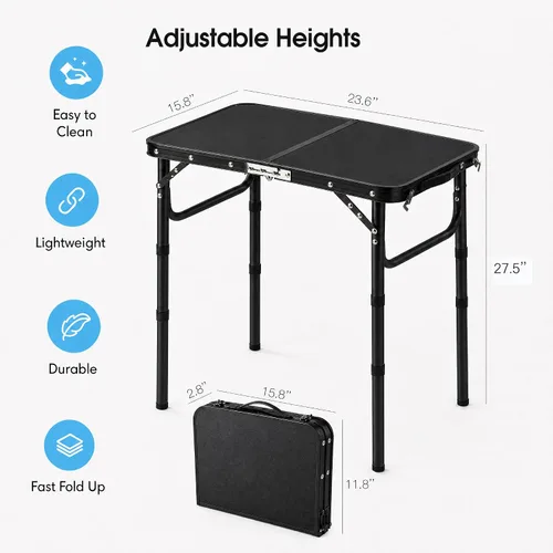 Vista 3 de Mesa plegable pequeña, mesa de aluminio de campamento de 24 pulgadas de largo x 16 pulgadas de ancho con patas de altura ajustable, mesa de comedor
