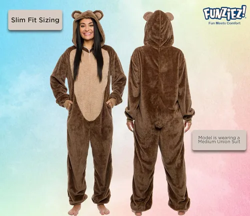 Vista 3 de Funziez! Mameluco de sherpa ajustado para adultos, disfraz de Halloween de animales, traje de cosplay de una pieza de felpa para mujeres y hombres