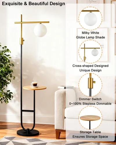 Vista 3 de Lightdot Lámparas de pie regulables doradas y negras de 66 pulgadas con mesa, moderna lámpara alta de pie con pantalla de globo, cabeza