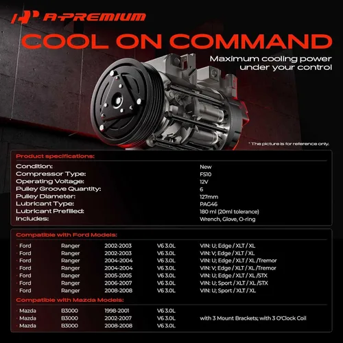 Vista 2 de A-Premium Compresor de aire acondicionado con embrague compatible con Ford Ranger 3.0L 2002-2008, Mazda B3000 3.0L 2002-2008