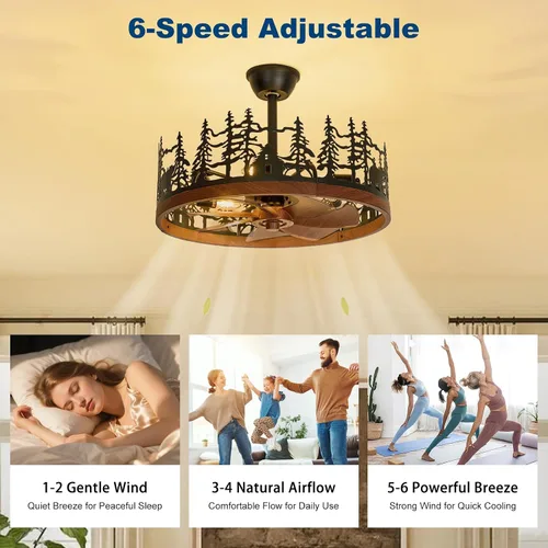 Vista 5 de 23.6 Inch Farmhouse Rustic Ceiling Fans with Lights, Vintage Walnut Wheels Flush Mount Bladeless Chandeliers Fan, Adjustable Height, Black Caged