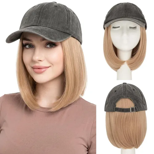 Vista 28 de SEGO - Gorra de béisbol con extensiones de cabello para mujer, resistente al calor, sintético, 6 pulgadas, ajustable, corta, recta, peluca