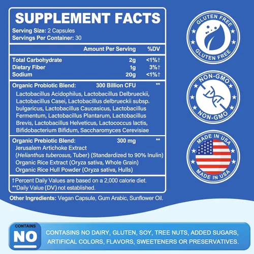 Vista 2 de Probiótico 300 mil millones de UFC – 12 cepas con prebióticos orgánicos para la salud digestiva e intestinal, inmune, hinchazón – Probióticos